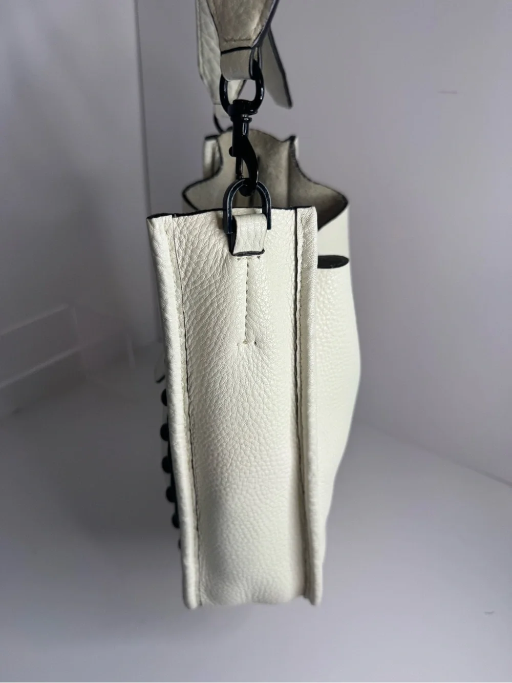 #381 Rebecca Minkoff Unlined Pebbled Leather Studded Feed Shoulder Crossbody Bag